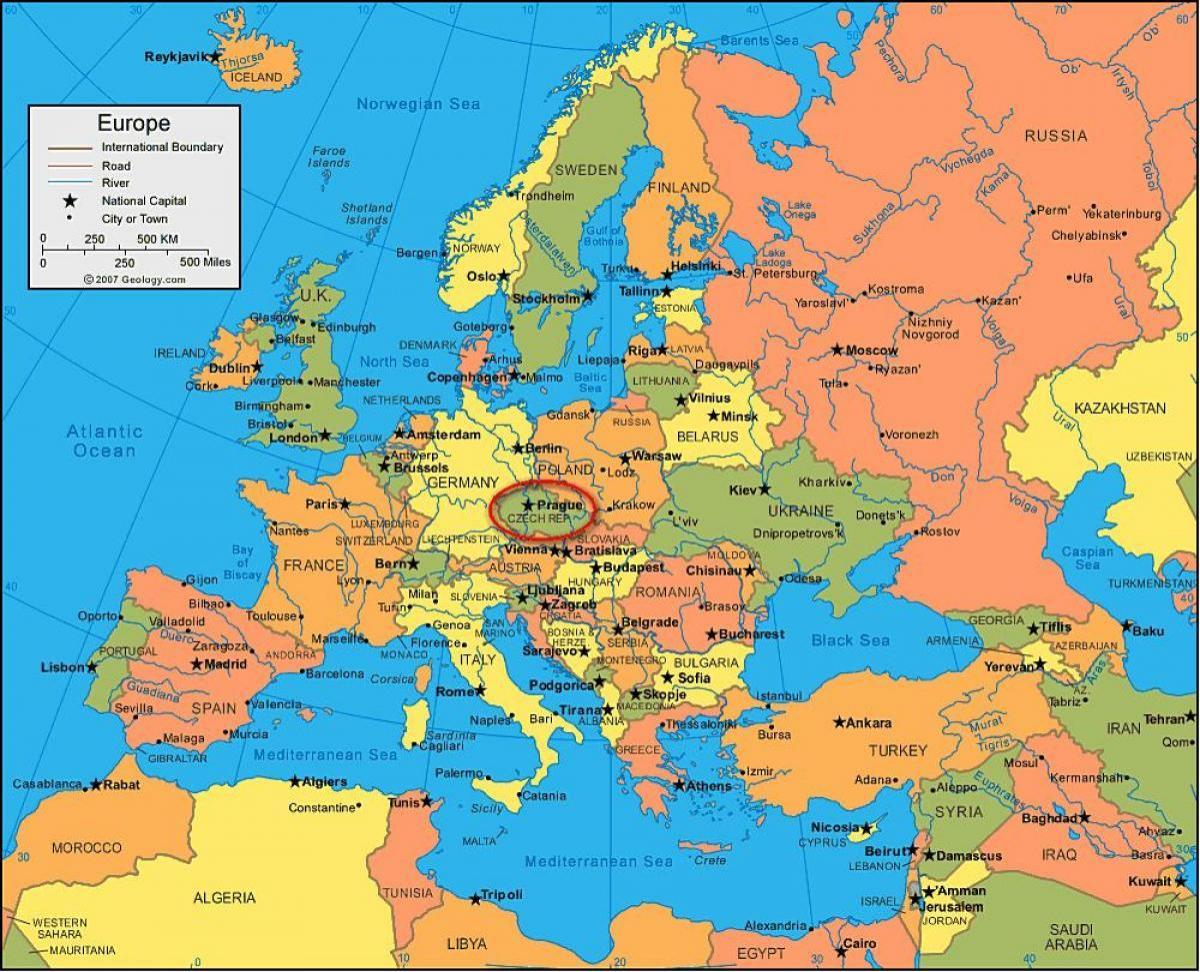 mapa de europa, mostrando praga